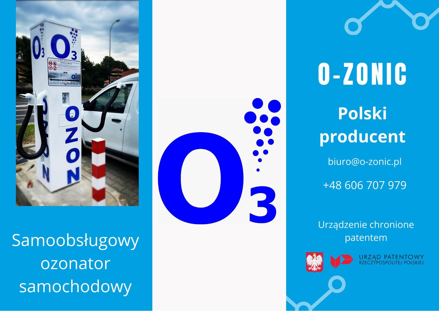 Ozonator samochodowy samoobsługowy z podłączonym wężem do okna samochodu osobowego, obok słupek ostrzegawczy, w tle budynki.