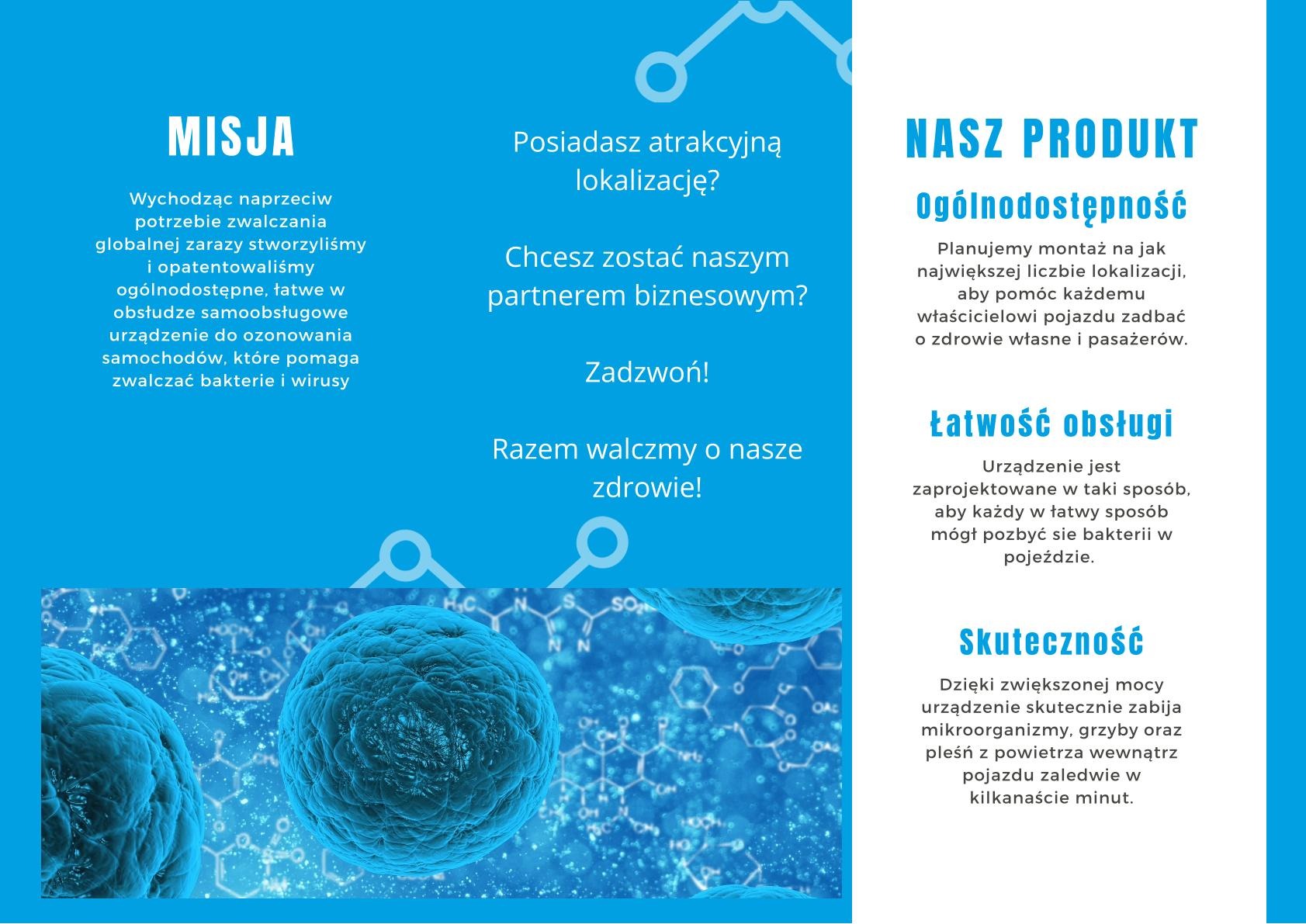 Grafika reklamowa urządzenia do ozonowania samochodów, zwalczającego bakterie i wirusy, ilustrowana wizualizacją komórek i wzorów chemicznych na niebieskim tle.