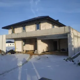 Surowy stan domu w trakcie budowy, ściany z betonu kom&oacute;rkowego, widoczne okna i zadaszenie nad wjazdem do garażu, teren wok&oacute;ł zasypany śniegiem, ż&oacute;łty wąż budowlany zwisający z okna.