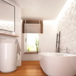 Nowoczesna łazienka z wolnostojącą wanną, umywalką cylindryczną i ścianą pokrytą trójwymiarowymi panelami, oświetlona naturalnym światłem z okna z drewnianymi żaluzjami.