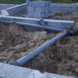 Fundament budynku w trakcie budowy z widocznymi szarymi rurami kanalizacyjnymi, częściowo zakopanymi w piasku, oraz bloczkami betonowymi.