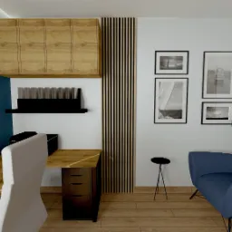 Wizualizacja biura domowego z biurkiem z drewnianym blatem, ergonomicznym białym krzesłem, niebieskim fotelem typu uszak, ścianą w kolorze indygo i dekoracyjnymi lamelami.