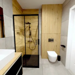 Wizualizacja nowoczesnej łazienki z kabiną prysznicową typu walk-in z czarną ramą, podwieszaną toaletą, umywalką nablatową na szafce z drewnianym blatem oraz szarą i drewnianą okładziną ścienną.
