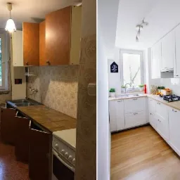Porównanie kuchni przed i po: stara z brązowymi szafkami i wzorzystymi płytkami kontra nowoczesna z białymi meblami i drewnianym blatem.