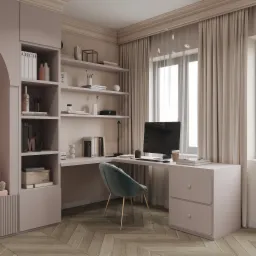 Biuro domowe w odcieniach beżu i różu z biurkiem, krzesłem z aksamitu i regałem z książkami, oświetlone naturalnym światłem z okna z zasłonami.