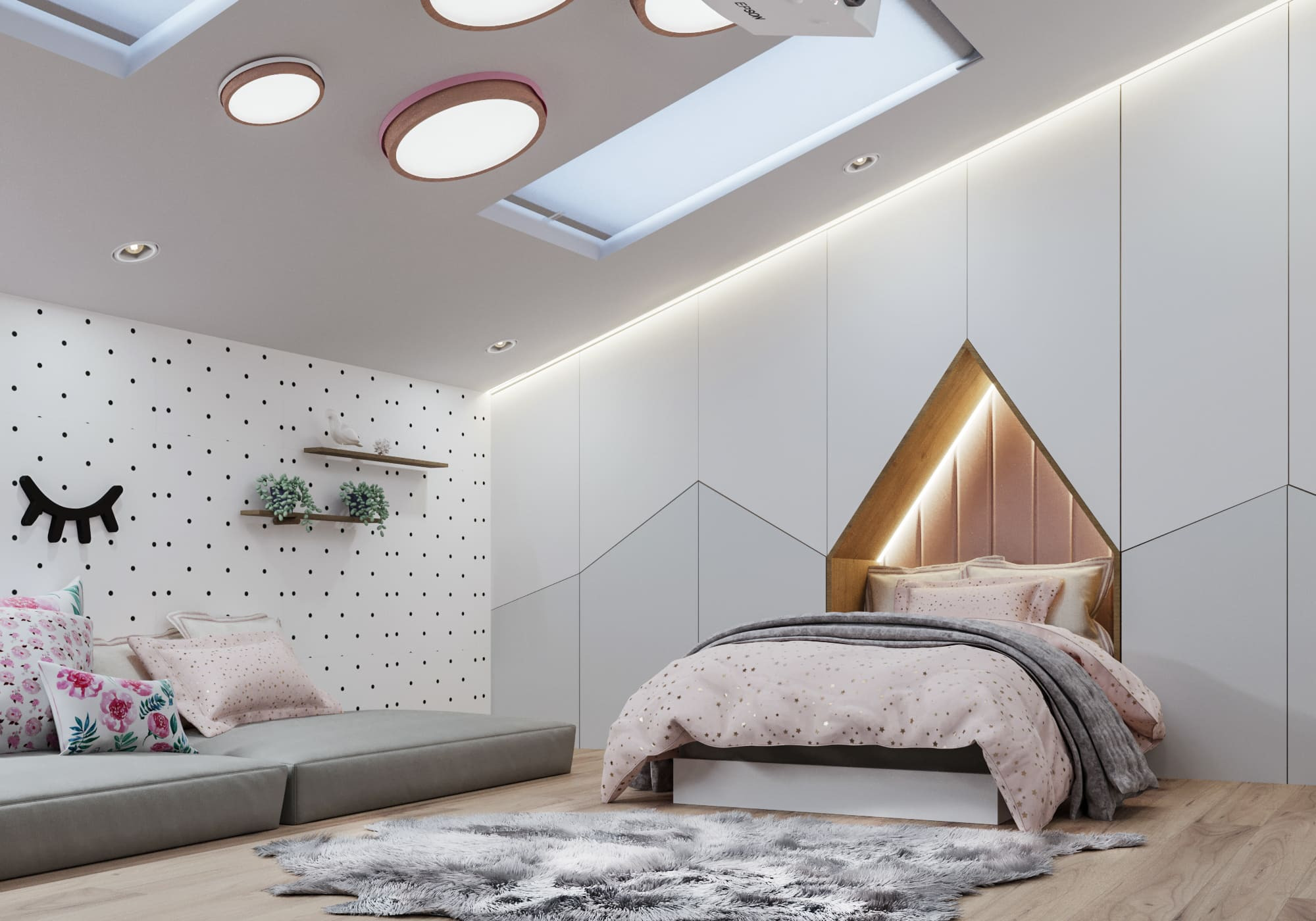 Pokój dziewczynki z łóżkiem z trójkątnym zagłówkiem z podświetleniem LED, szarą sofą z poduszkami w kwiaty, dywanem z długim włosiem i ścianą w kropki z półkami z roślinami.