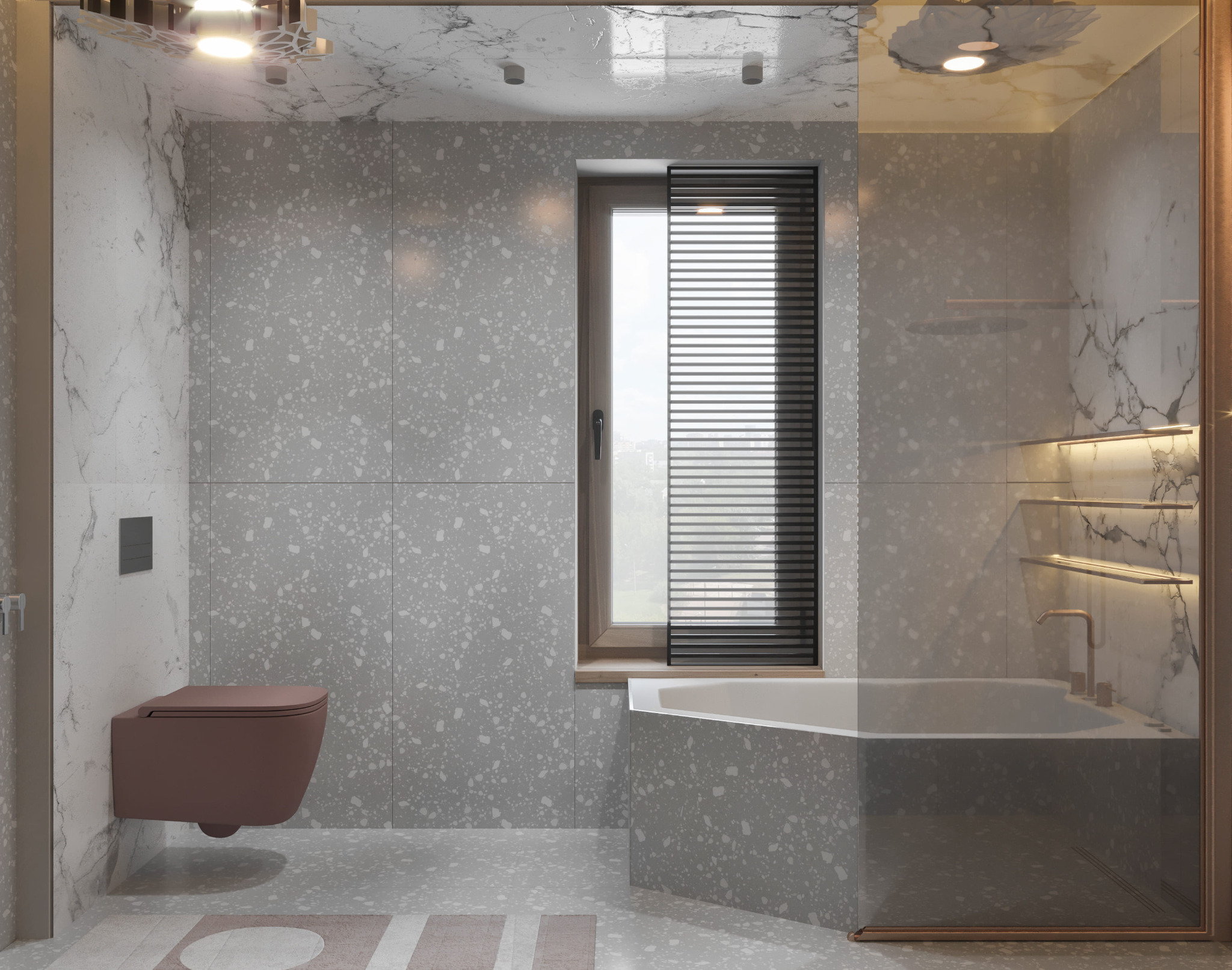 Nowoczesna łazienka w szarych tonacjach z akcentami terazzo, wisząca toaleta w kolorze terakoty, wanna za szklaną ścianą z podświetlanymi półkami, okno z żaluzjami.