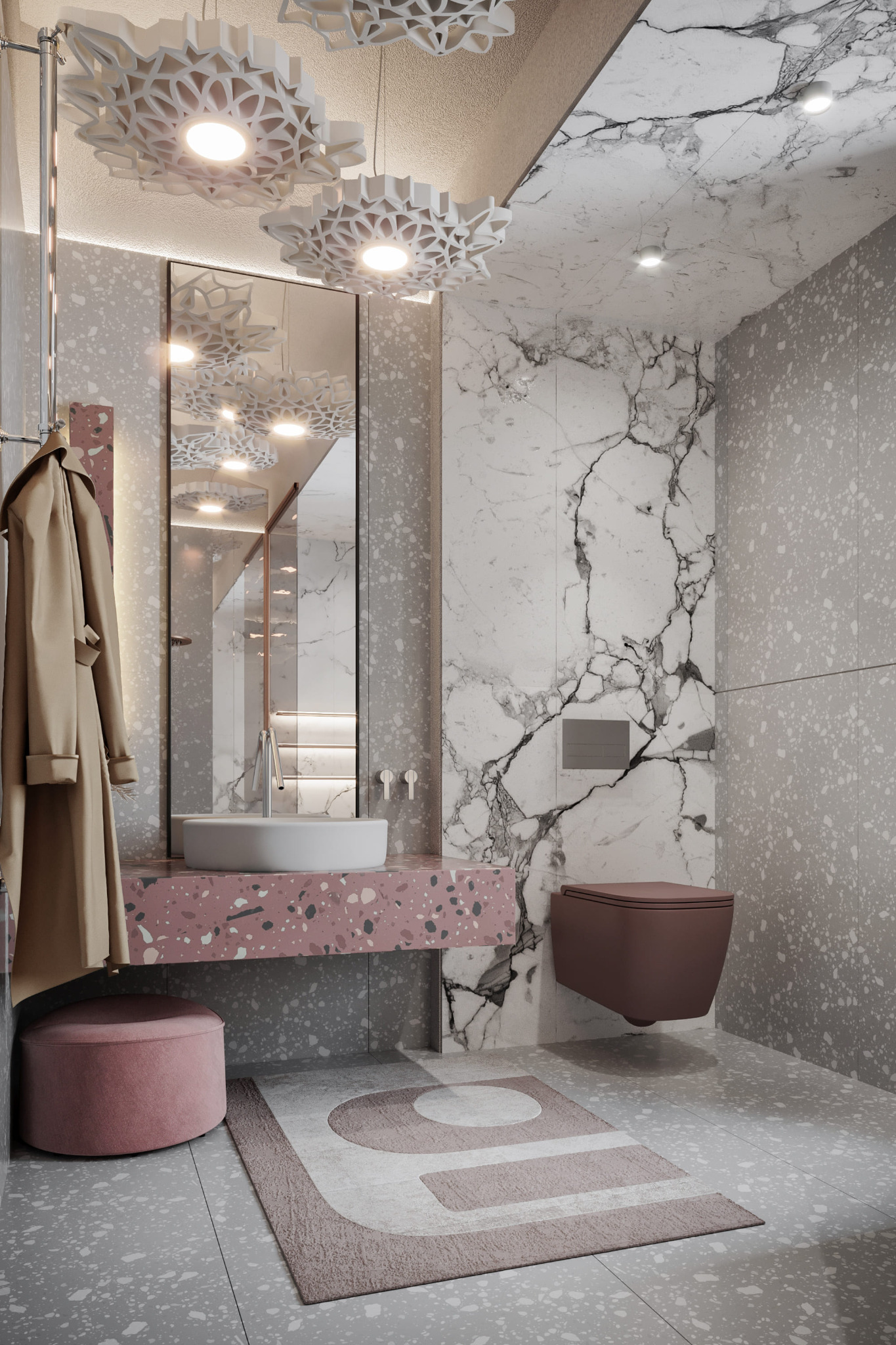 Nowoczesna łazienka z marmurową ścianą, wiszącą toaletą w kolorze brudnego różu, umywalką nablatową na blacie z lastryko, dekoracyjnymi lampami sufitowymi i lustrem odbijającym schody.