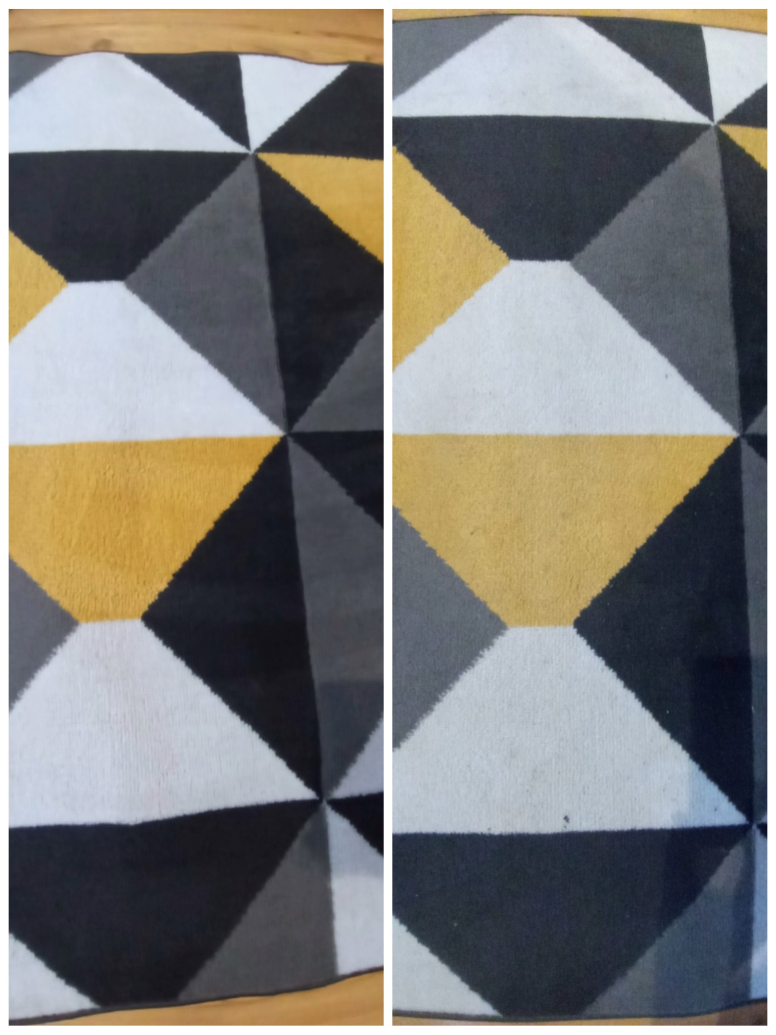 Dywan z geometrycznym wzorem w odcieniach szarości, bieli i żółci, widoczny obszar przed i po czyszczeniu, ukazujący różnicę w wyglądzie włókien.