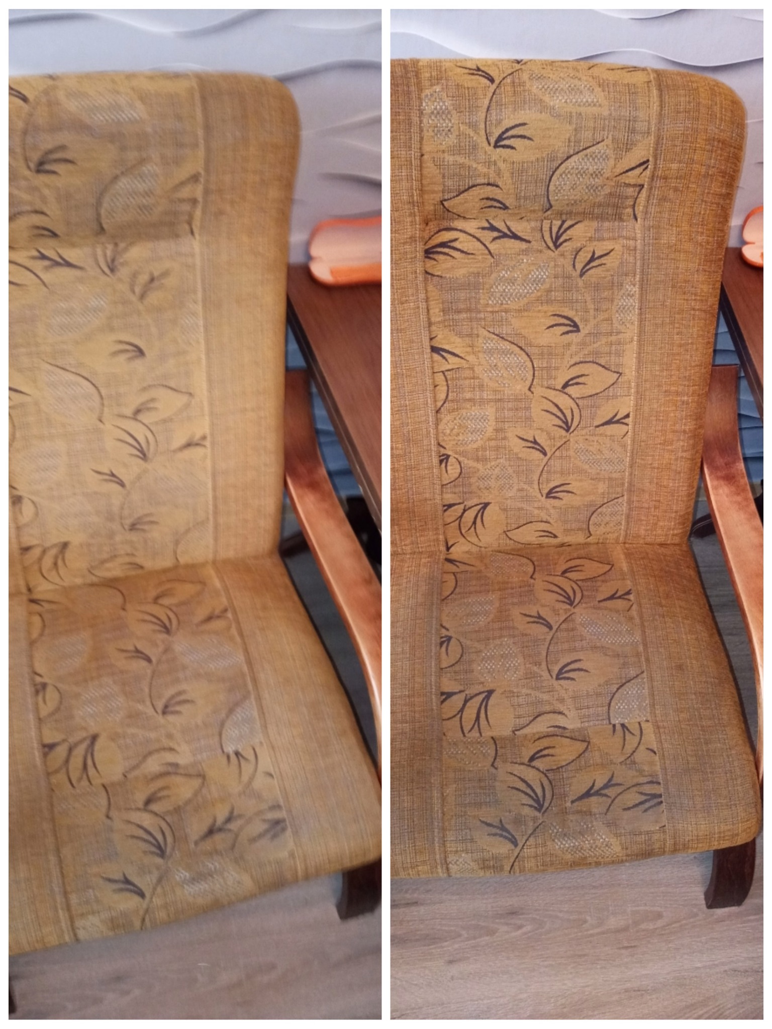 Porównanie fotela tapicerowanego przed i po czyszczeniu, widoczne różnice w odcieniu i usunięciu zabrudzeń na tkaninie z motywem liści.