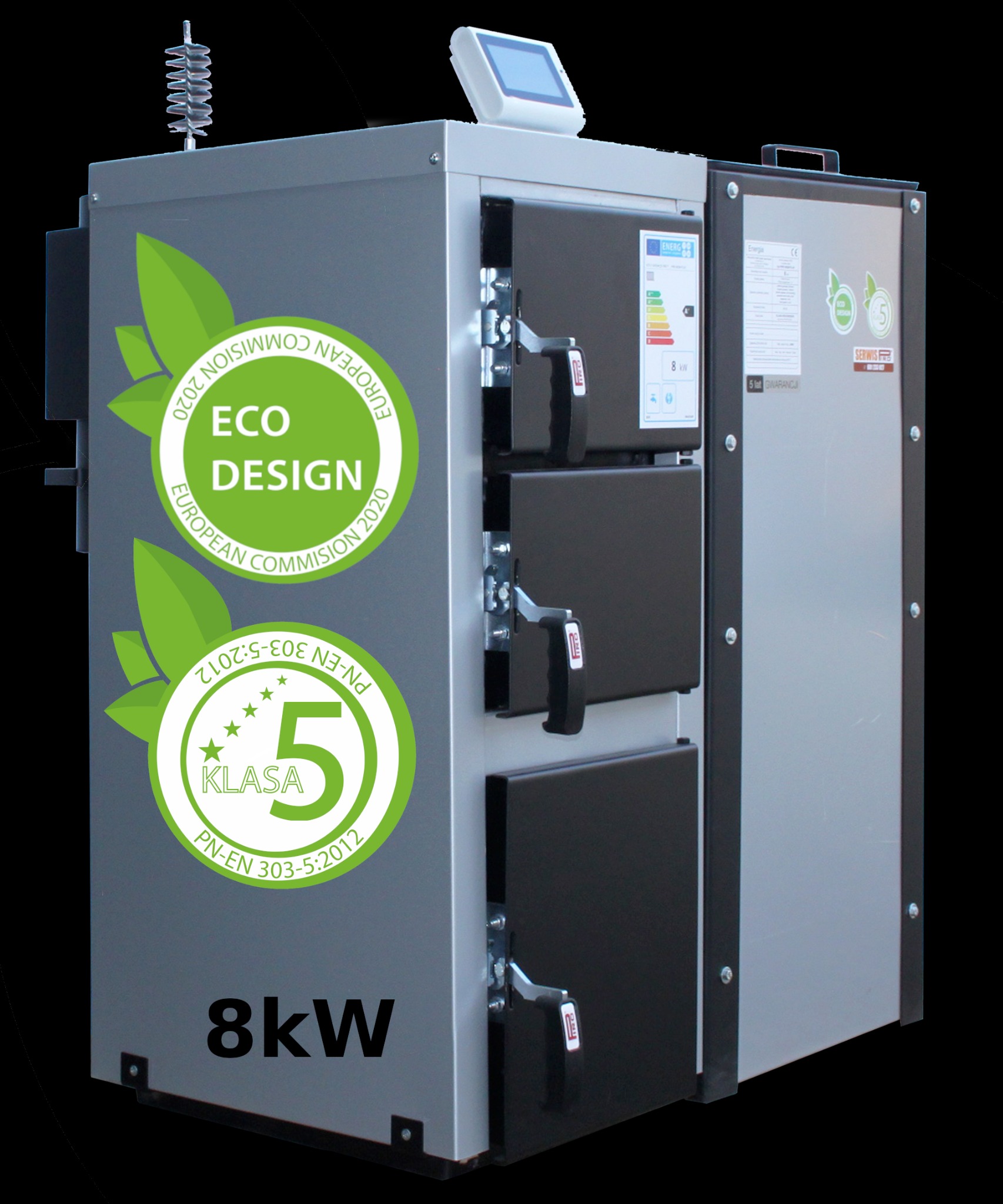 Szary piec na paliwo stałe z czarnymi drzwiczkami, oznaczony klasą 5 i certyfikatem Eco Design 2020, z widocznym panelem sterowania i informacją o mocy 8kW.