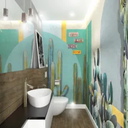 Wizualizacja łazienki z motywem kaktusów na ścianie, umywalka nablatowa na blacie z czarnego kamienia, drewnopodobna okładzina ściany, podwieszane lampy i drewniana podłoga.