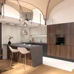 Wnętrze nowoczesnej kuchni z drewnianymi szafkami, szarym blatem, dwoma białymi hokerami i schodami w tle, oświetlonej designerską lampą sufitową.