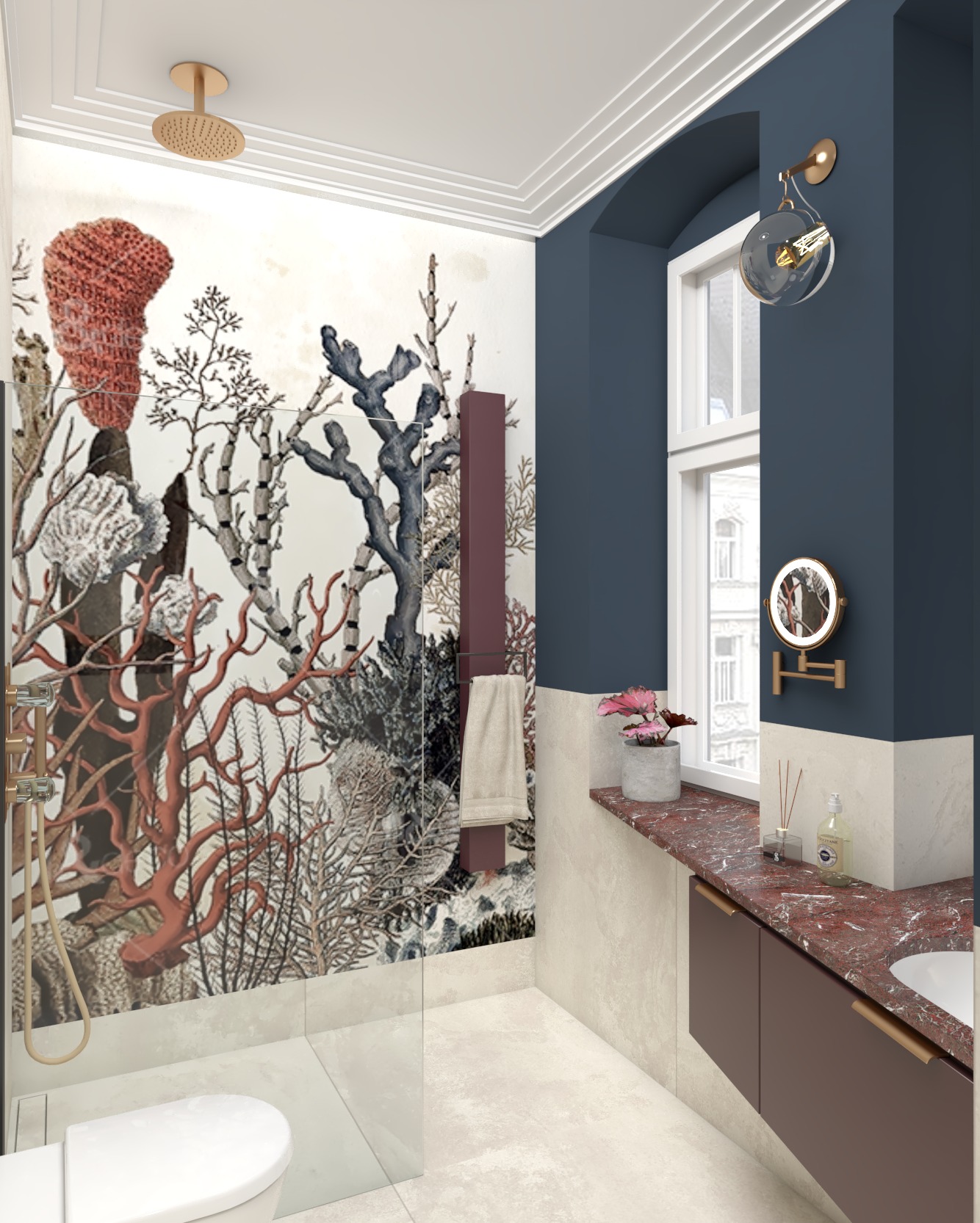 Nowoczesna łazienka z tapetą w motywy morskie, okrągłym lustrem z podświetleniem, deszczownicą i ciemnofioletowymi akcentami kolorystycznymi w postaci grzejnika i szafki pod umywalką.