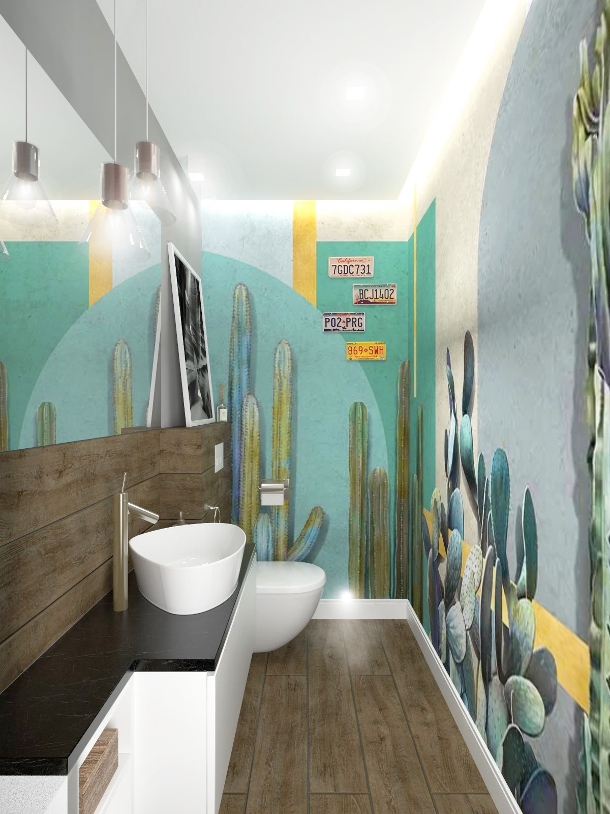 Wizualizacja łazienki z motywem kaktusów na ścianie, umywalka nablatowa na blacie z czarnego kamienia, drewnopodobna okładzina ściany, podwieszane lampy i drewniana podłoga.