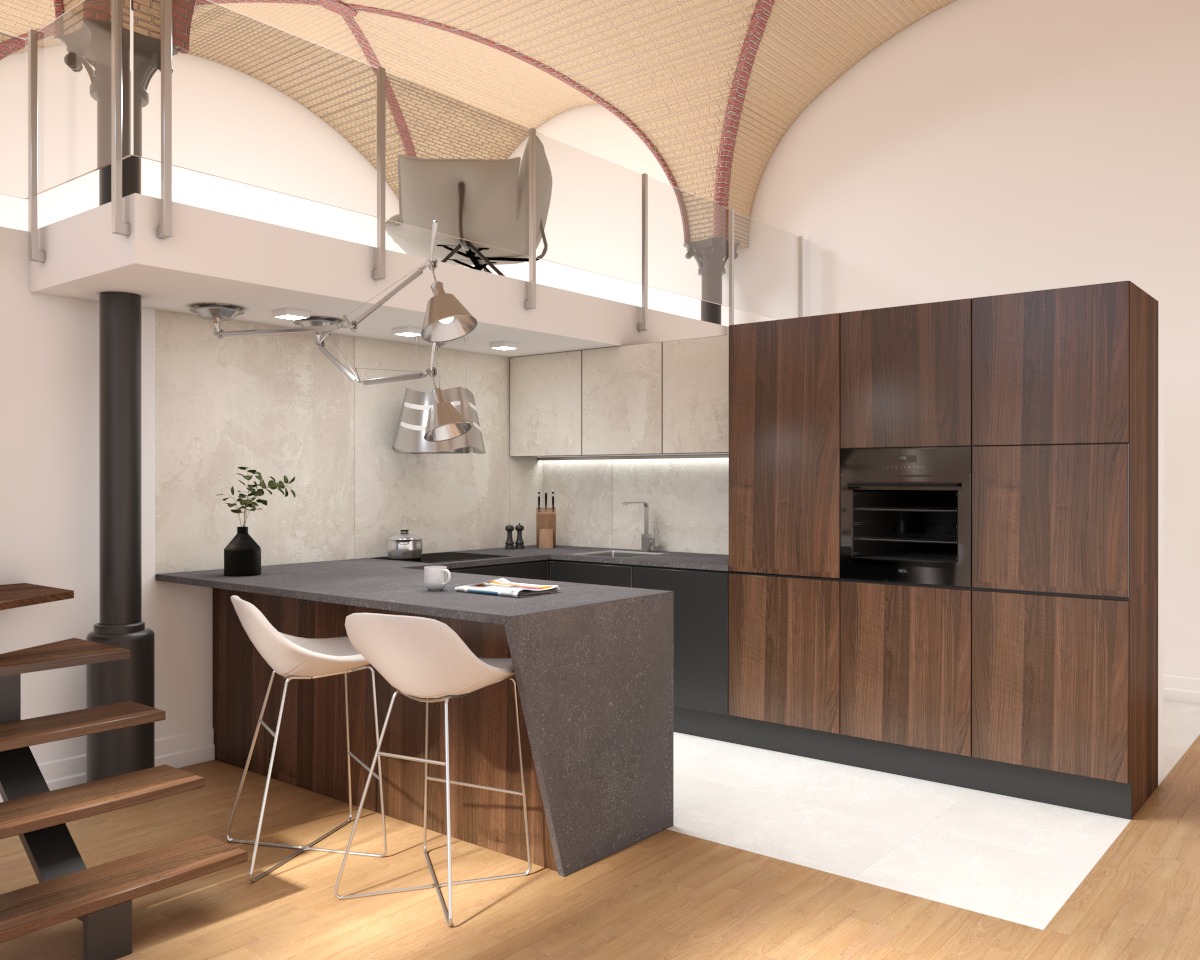 Wnętrze nowoczesnej kuchni z drewnianymi szafkami, szarym blatem, dwoma białymi hokerami i schodami w tle, oświetlonej designerską lampą sufitową.