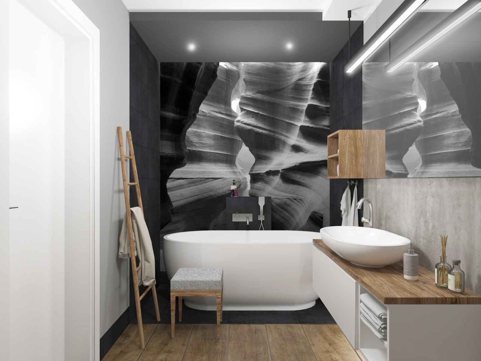 Nowoczesna łazienka z owalną wanną na tle fototapety imitującej kanion, drewnianą drabinką na ręczniki i umywalką nablatową z drewnianym blatem.