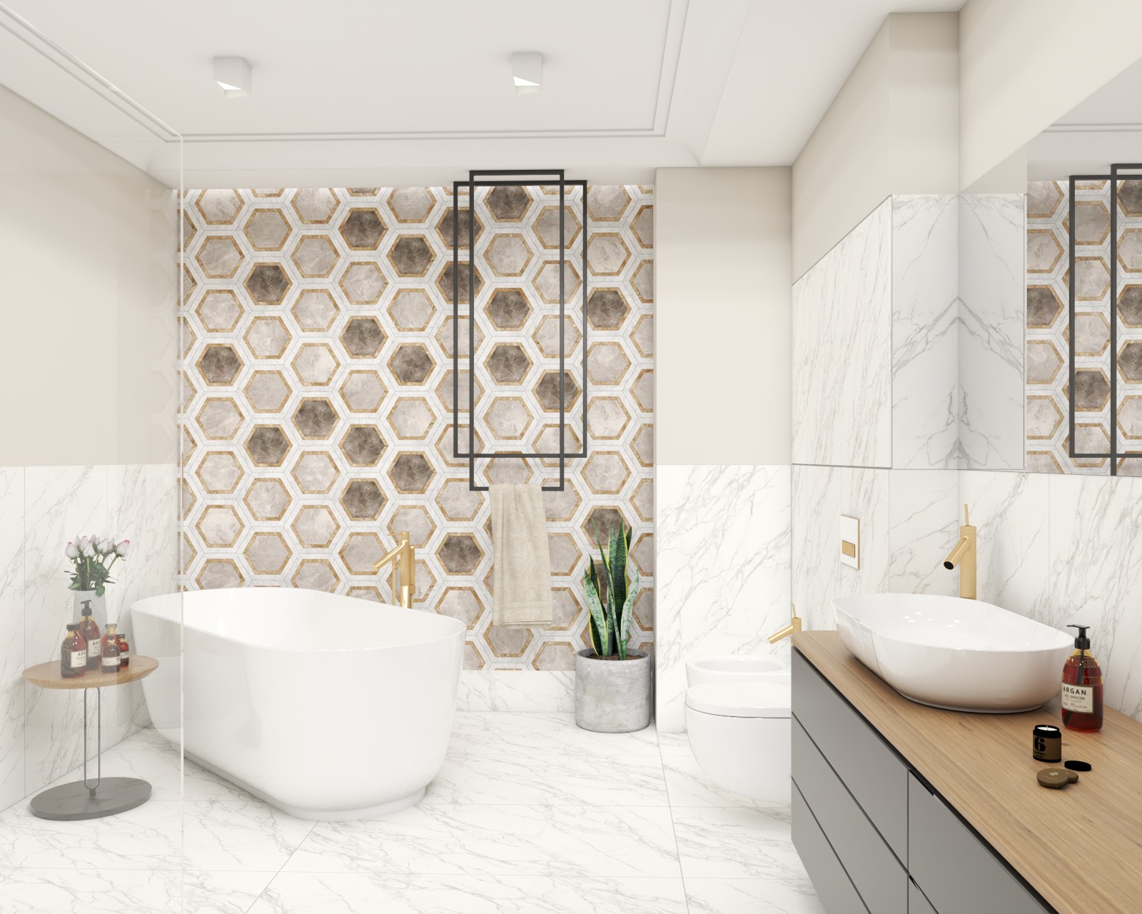 Nowoczesna łazienka z białymi marmurowymi płytkami, heksagonalną mozaiką w odcieniach beżu i brązu, wolnostojącą wanną, umywalką nablatową na drewnianym blacie i minimalistyczną kabiną prysznicową.