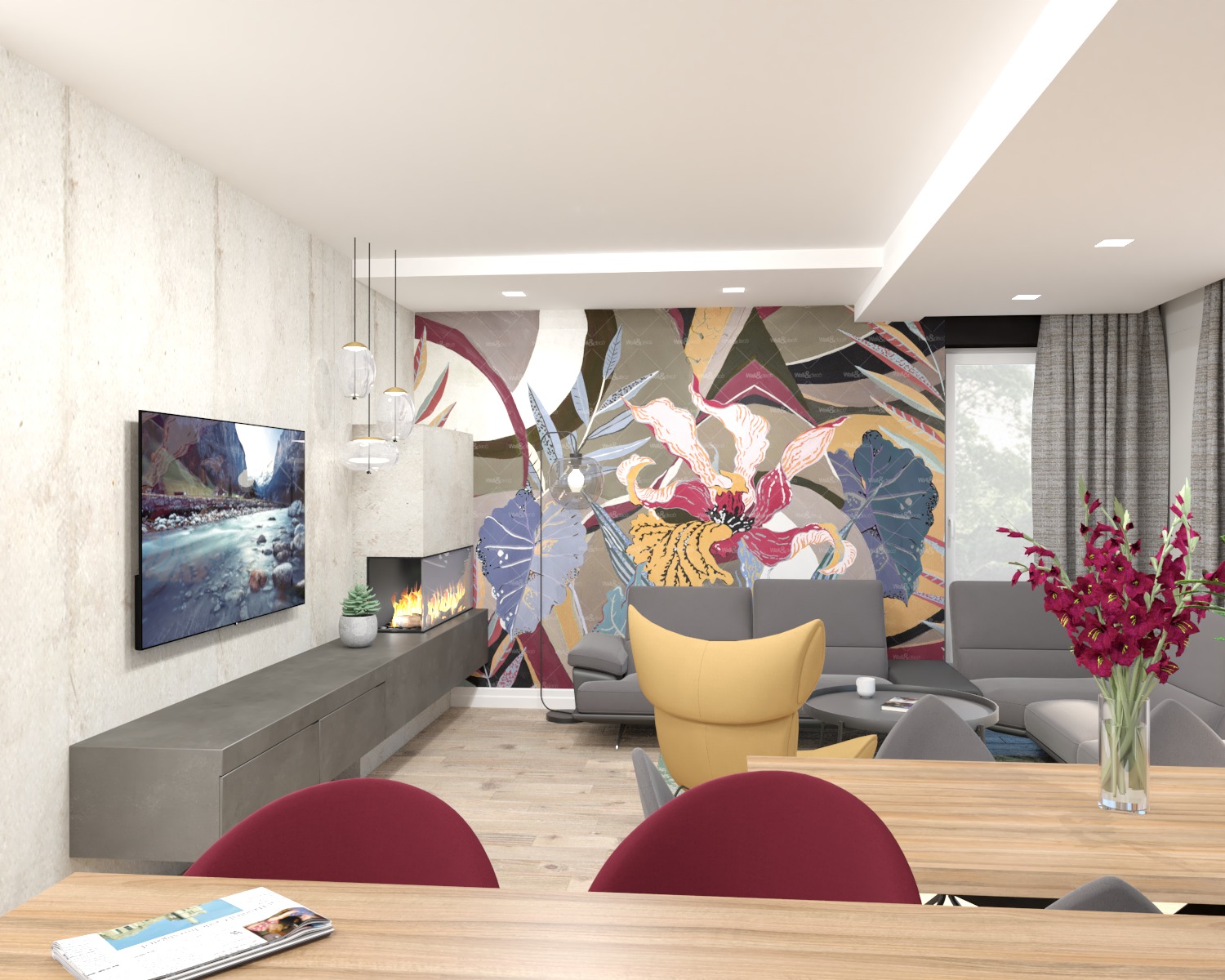 Wizualizacja salonu z kominkiem obudowanym kamieniem, telewizorem na ścianie z betonową fakturą, sofą w odcieniach szarości, fotel w kolorze żółtym i ścianą z motywem kwiatowym.