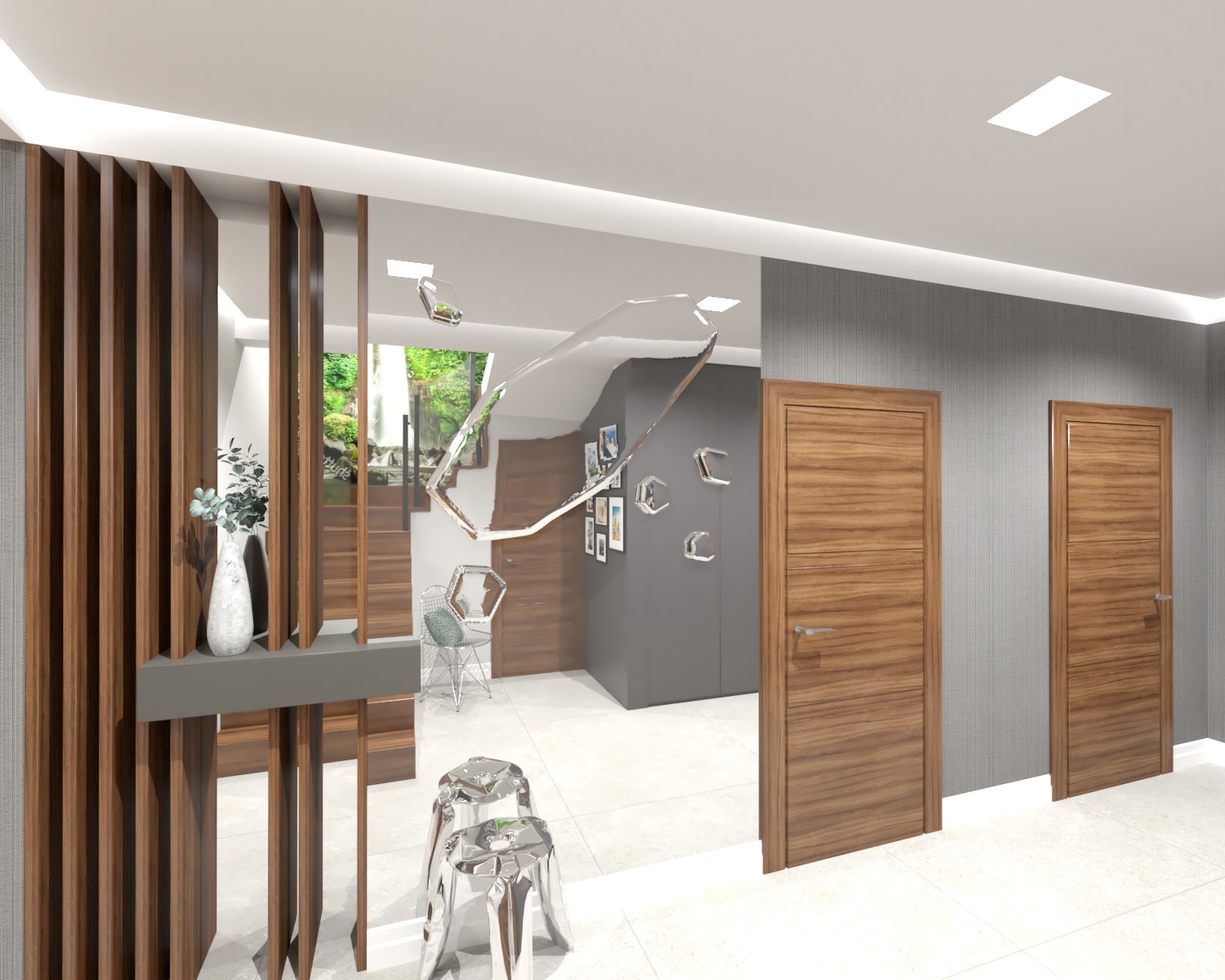 Wizualizacja przedpokoju z drewnianymi lamelami, szarą ścianą, dwiema drewnianymi drzwiami, schodami w tle i dekoracyjnymi, chromowanymi stołkami.