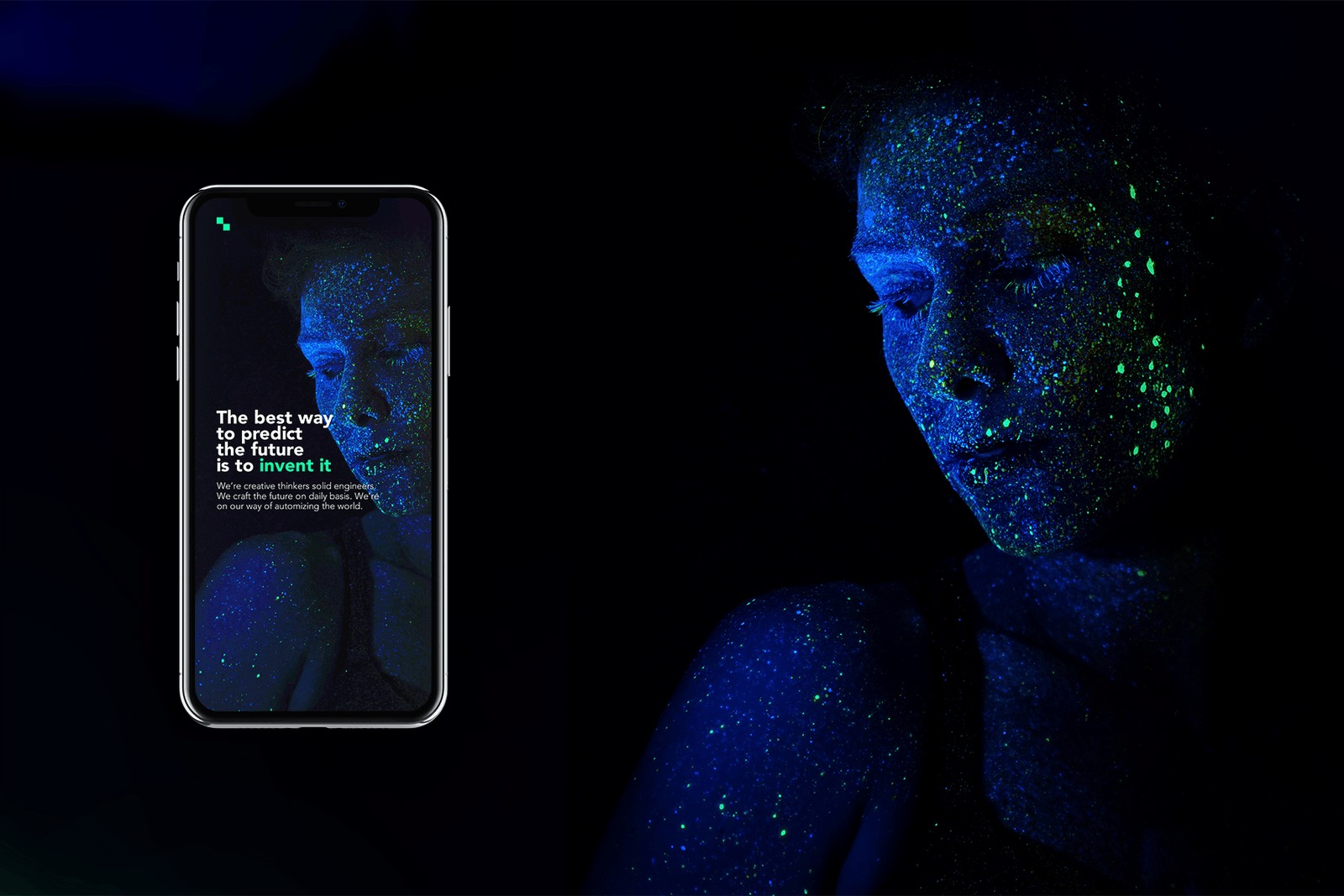 Ekran smartfona wyświetla twarz kobiety pokrytą fluorescencyjnymi plamkami w odcieniach niebieskiego i zielonego, z hasłem 'The best way to predict the future is to invent it' na czarnym tle, obok...