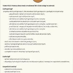 Oferta firmy MGeo Mateusz Baca z zakresu hydrogeologii, hydrologii i gospodarki wodnej, zawierająca listę usług takich jak projekty robót geologicznych, poszukiwanie wód podziemnych i operaty...