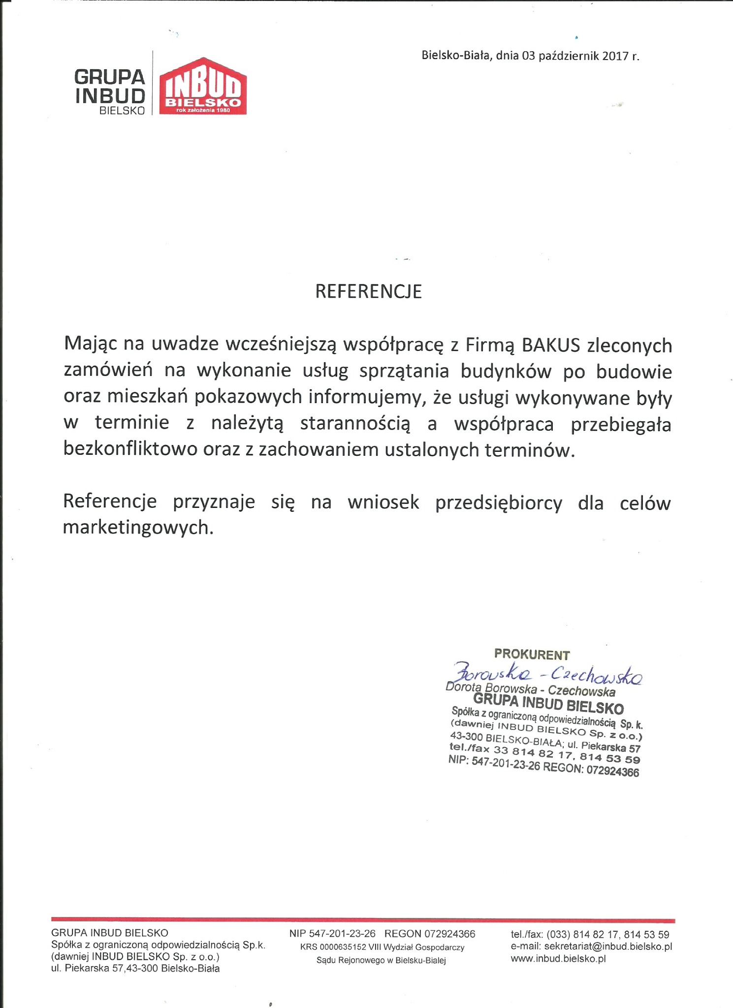 Referencje od firmy 'INBUD'