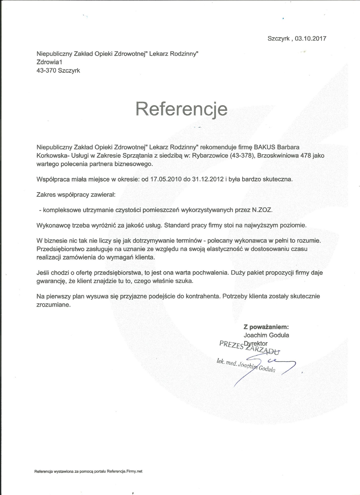 Referencje od Niepublicznego Zakładu Opieki Zdrowotnej w Szczyrku