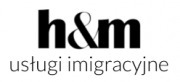 Czarno-białe logo firmy 'h&m' z napisem 'usługi imigracyjne' pod spodem.