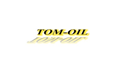Logo firmy TOM-OIL z żółto-czarnym tekstem i cieniem na białym tle.