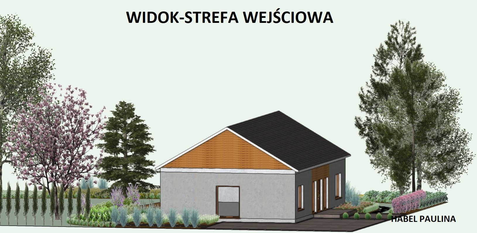 Wizualizacja strefy wejściowej domu z elementami zieleni: drzewa liściaste i iglaste, krzewy kwitnące, trawy ozdobne, niskie tuje, rabaty kwiatowe.