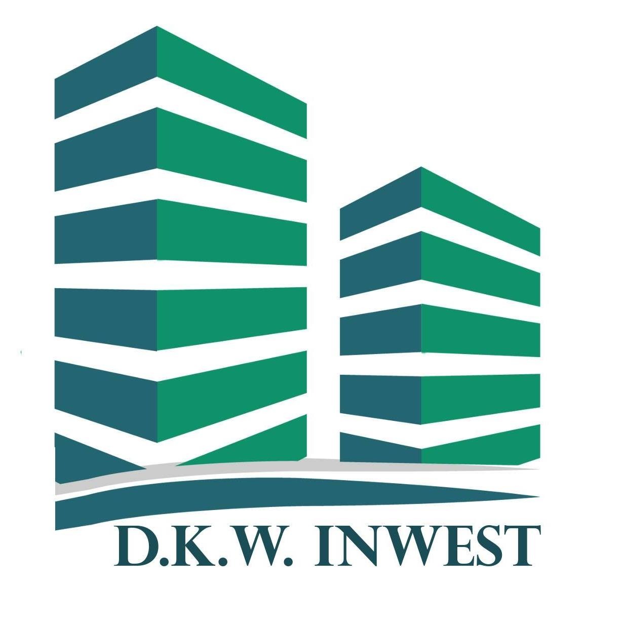 Graficzne logo firmy budowlanej D.K.W. Inwest przedstawiające dwa abstrakcyjne, wielobarwne budynki z wyraźnymi liniami.