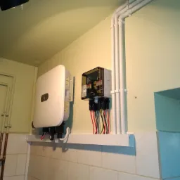 Zamontowany inwerter solarny Huawei i skrzynka zabezpieczeń z przewodami w rurkach PCV na ścianie wyłożonej kafelkami.