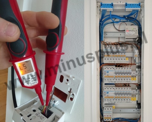 Pomiar termostatu w pomieszczeniu, rozdzielnia elektryczna pomieszczenia.