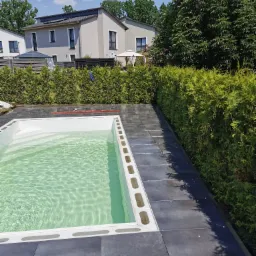 Napełniony wodą basen z białym obramowaniem i ułożoną ciemnoszarą kostką brukową wokół, na tle zielonego żywopłotu i domów.