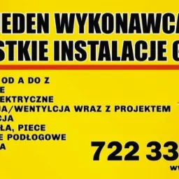 Żółte tło z napisem 'JEDEN WYKONAWCA i WSZYSTKIE INSTALACJE GOTOWE', listą usług instalacyjnych (elektryczne, pomiary elektryczne, rekuperacja/wentylacja, klimatyzacja, pompy ciepła, piece...