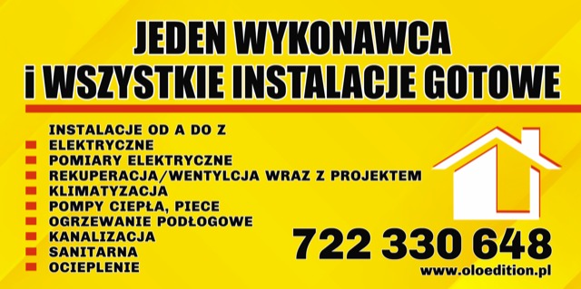 Żółte tło z napisem 'JEDEN WYKONAWCA i WSZYSTKIE INSTALACJE GOTOWE', listą usług instalacyjnych (elektryczne, pomiary elektryczne, rekuperacja/wentylacja, klimatyzacja, pompy ciepła, piece...