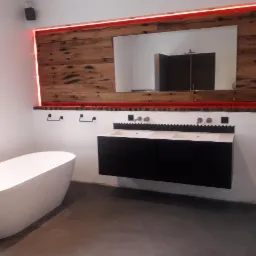 Nowoczesna łazienka w Bycinie z wolnostojącą wanną, podwójną umywalką z czarną szafką wiszącą i lustrem w drewnianej ramie podświetlanej czerwonymi LEDami.