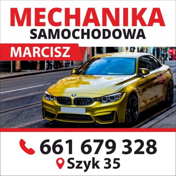 Reklama warsztatu samochodowego: złoty samochód BMW na tle ulicy, z numerem telefonu i adresem warsztatu 'Marcisz' u dołu.