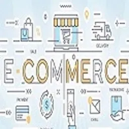 Grafika wektorowa w pastelowych kolorach przedstawiająca koncepcję e-commerce: ikony sklepu online, koszyka, dostawy, opakowania, płatności kartą i smartfona, otoczone napisem 'E-COMMERCE'.