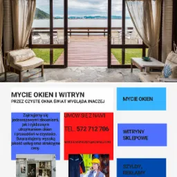 Zdjęcie przedstawia widok z wnętrza domu na taras i morze przez duże, przesuwne okna; wewnątrz widoczne meble wypoczynkowe, zasłony i elementy dekoracyjne. Reklama usług mycia okien i witryn.