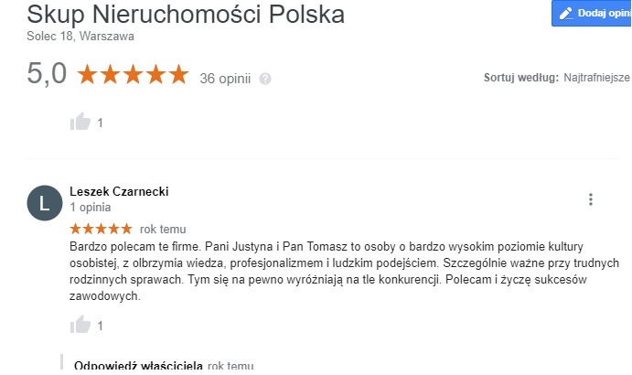 Zrzut ekranu z opiniami klientów na temat firmy Skup Nieruchomości Polska, z oceną 5.0 i pozytywną recenzją od Leszka Czarneckiego.