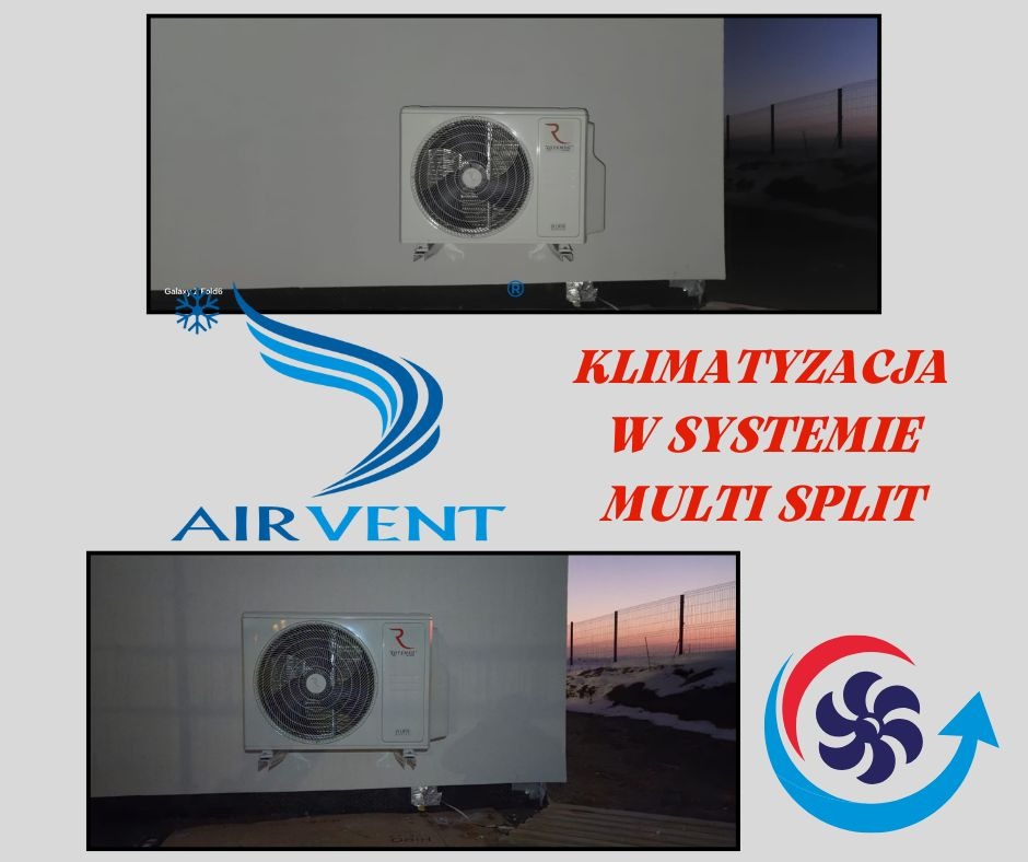 Grafika reklamowa prezentująca klimatyzację w systemie multi split, z widocznymi jednostkami zewnętrznymi na tle zachodzącego słońca i logo firmy Air Vent.