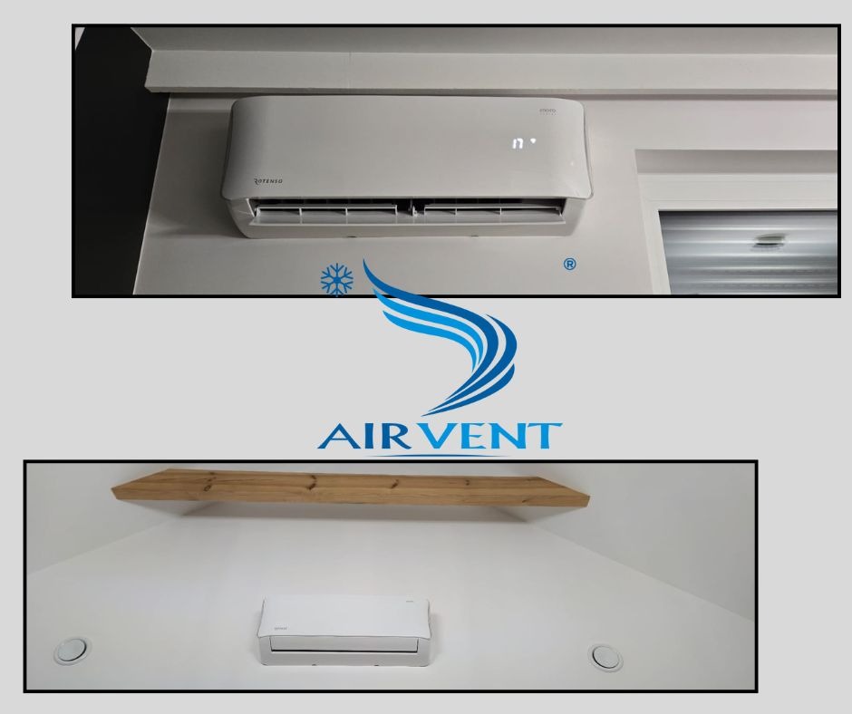 Dwa ujęcia tego samego wnętrza z zamontowanymi klimatyzatorami ściennymi; na górnym ujęciu widoczny biały klimatyzator z wyświetlaczem, na dolnym ujęciu klimatyzator pod drewnianą półką, obok...