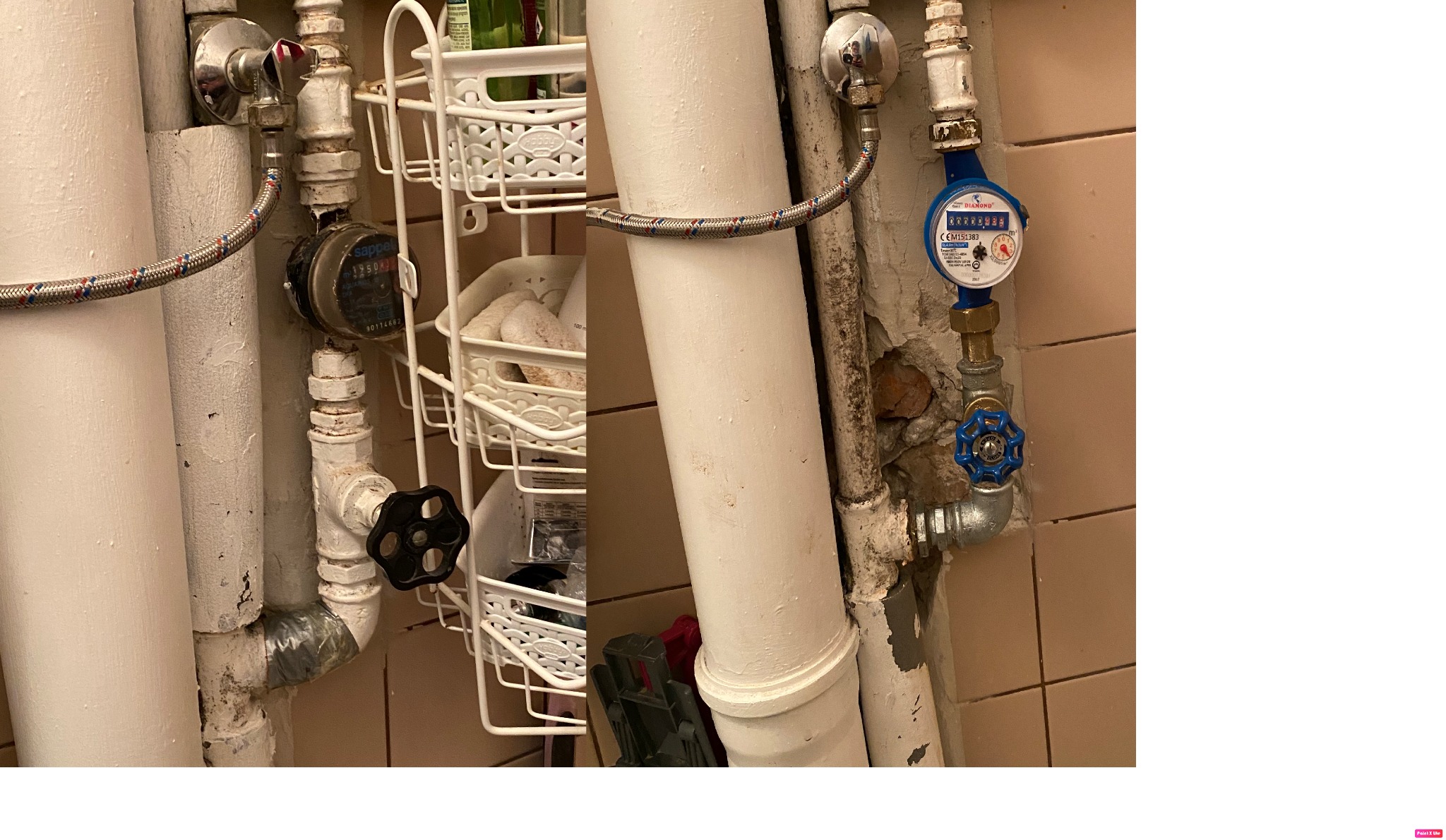 wymiana kolanka przeciekającego, zaworu głównego na mieszkanie oraz wodomierza.