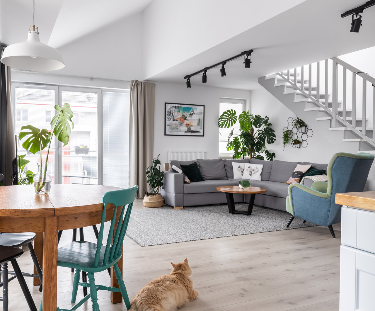 Jasne, przestronne wnętrze z drewnianym stołem, turkusowym krzesłem, szarą sofą narożną, schodami i rudym kotem leżącym na podłodze.