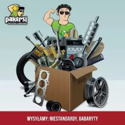 Ilustracja przedstawiająca karton wypełniony różnymi częściami samochodowymi, w tle postać z logo firmy kurierskiej 'Pakersi', sugerująca wysyłkę niestandardowych gabarytów.