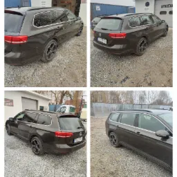 Brązowy samochód kombi marki Volkswagen Passat, po usłudze detailingu, sfotografowany z różnych perspektyw na żwirowym podłożu przed budynkiem firmy z logo 'MR DETAILER'.