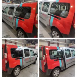 Cztery ujęcia srebrnego samochodu dostawczego z czerwonym i turkusowym oklejeniem, w tym zbliżenie na tylne drzwi z napisem 'Nadzór Energetyczny'.