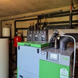 Kocioł na paliwo stałe Bio Compact Plus SAS w kotłowni z instalacją grzewczą, zbiornikiem buforowym i orurowaniem pod sufitem.